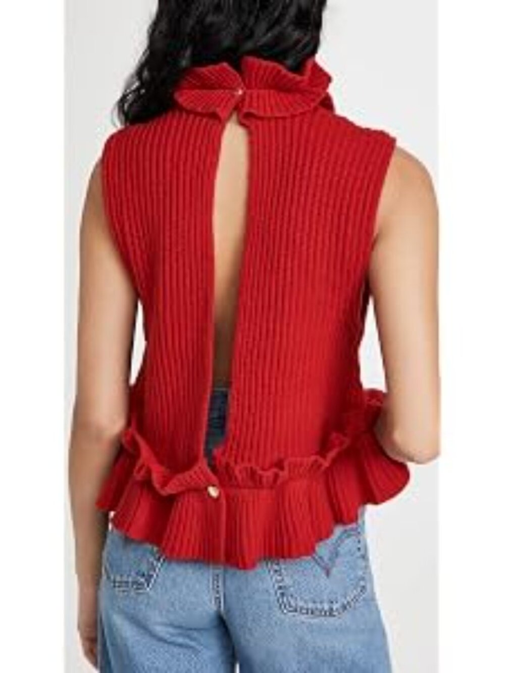 GANNI Ruffled Sleeveless Rib Knit Top In Red, S - Picture 2 of 4